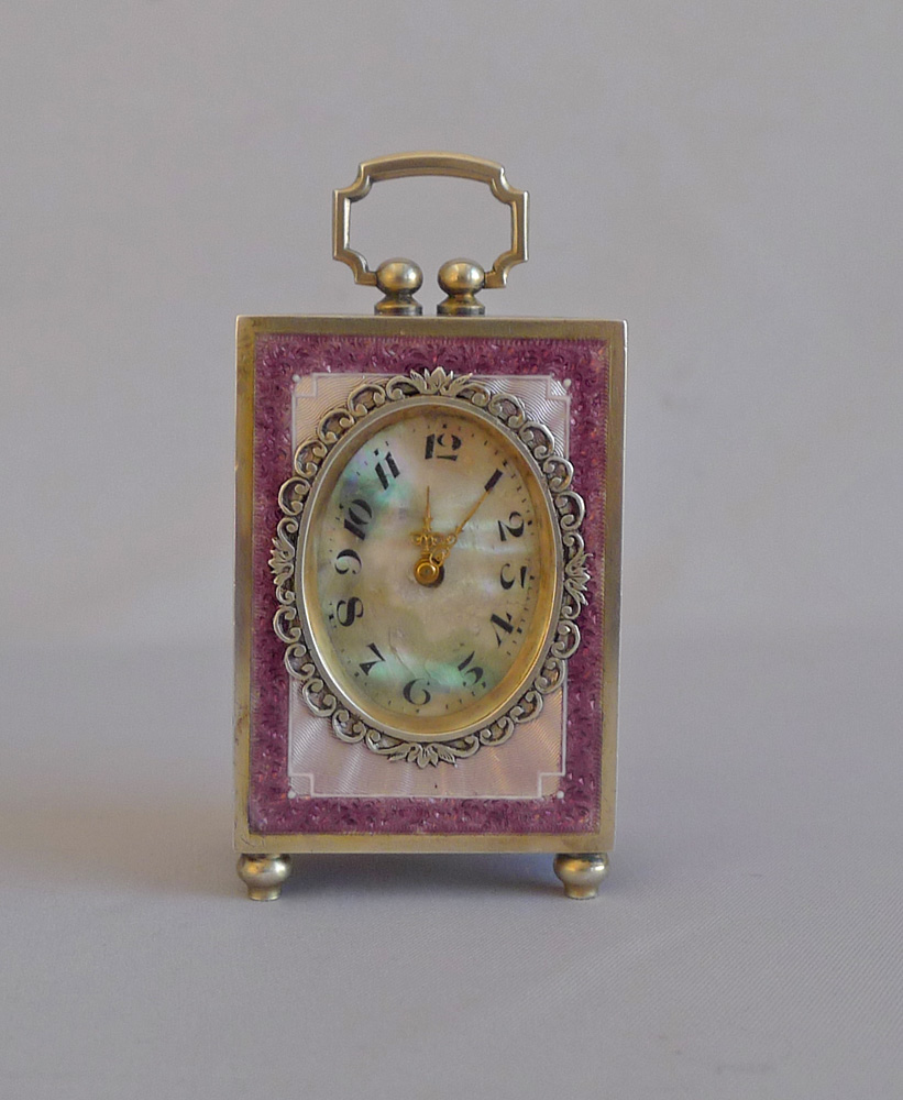 Antique Silver gilt and Guilloche enamel Sub Miniature Carriage Clock by the Geneva Clock Company
