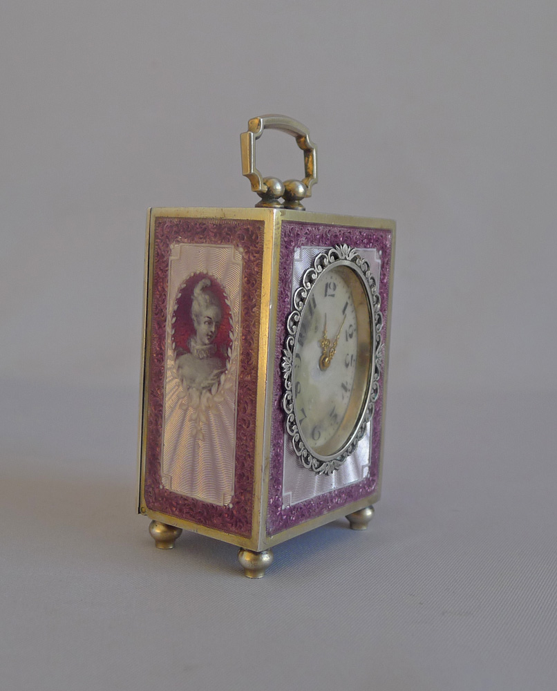 Antique Silver gilt and Guilloche enamel Sub Miniature Carriage Clock by the Geneva Clock Company