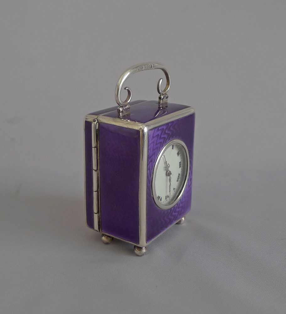Antique Silver and Guilloche enamel Miniature Carriage Clock by the Geneva Clock Company