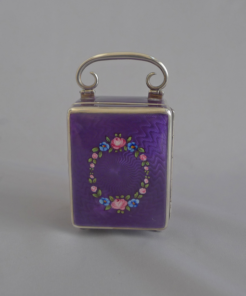 Antique Silver and Guilloche enamel Miniature Carriage Clock by the Geneva Clock Company