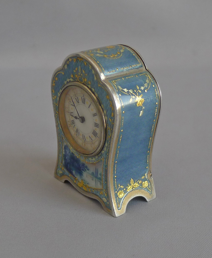 Antique Sub miniature Silver and Guilloche enamel Carriage Clock in original case