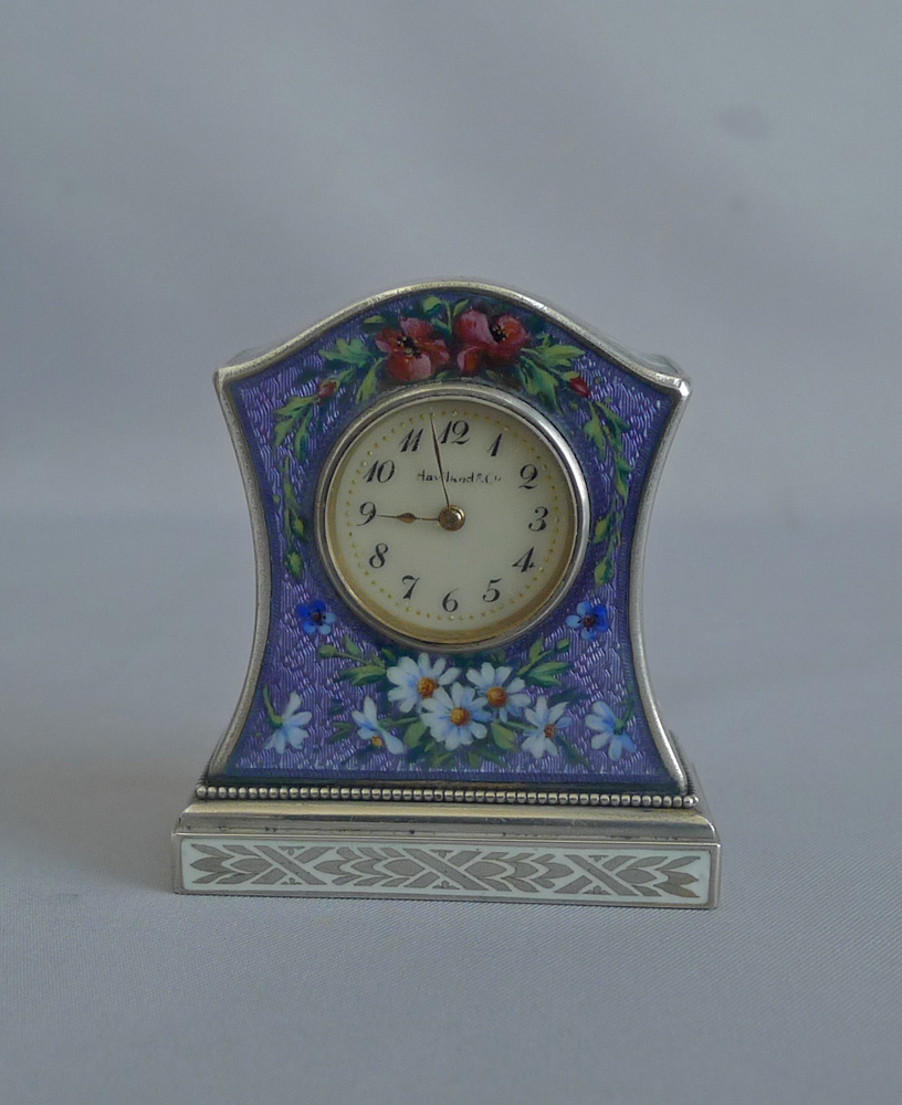 Antique Sub miniature Silver and Guilloche enamel Carriage Clock by the Geneva Clock Company