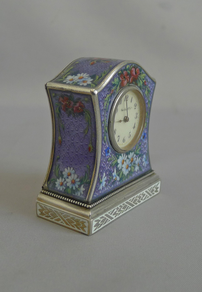 Antique Sub miniature Silver and Guilloche enamel Carriage Clock by the Geneva Clock Company