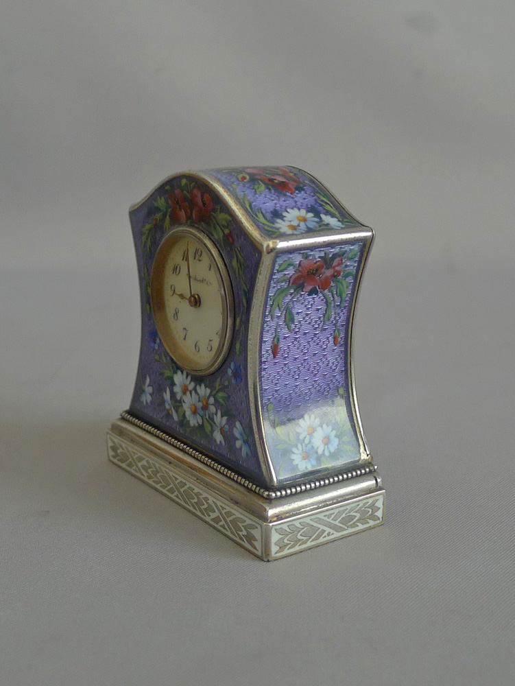 Antique Sub miniature Silver and Guilloche enamel Carriage Clock by the Geneva Clock Company