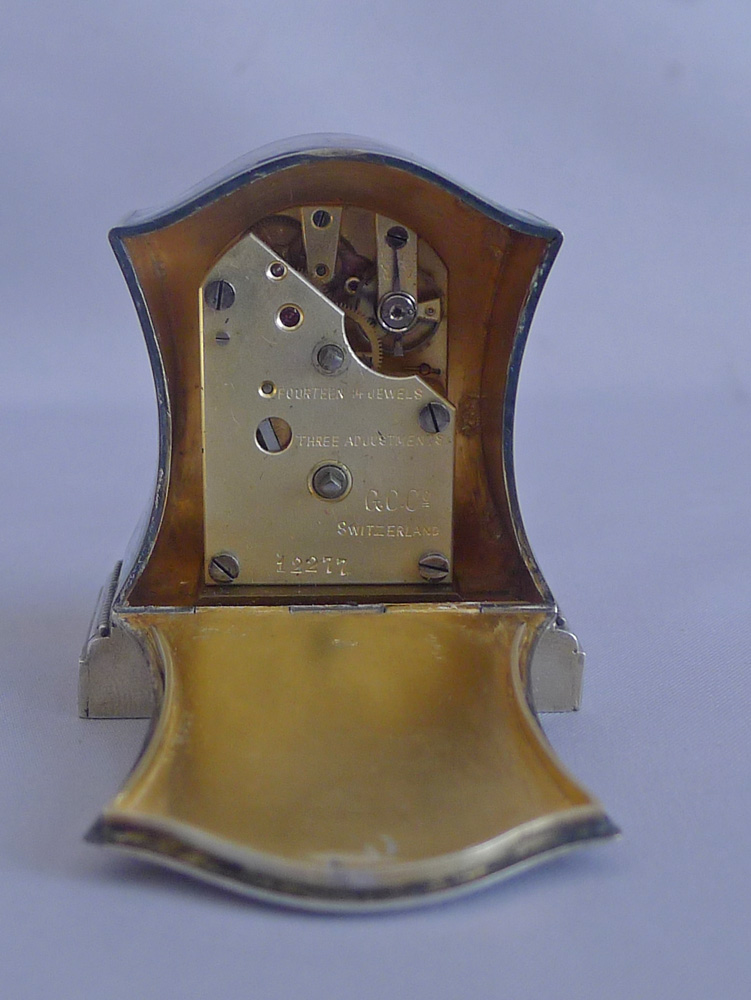 Antique Sub miniature Silver and Guilloche enamel Carriage Clock by the Geneva Clock Company