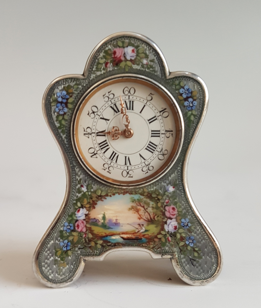 Antique Sub Miniature Silver and Guilloche Carriage Clock By the Geneva Clock Company