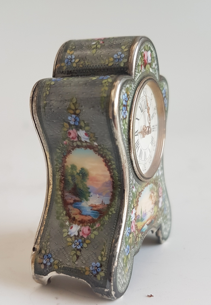 Antique Sub Miniature Silver and Guilloche Carriage Clock By the Geneva Clock Company