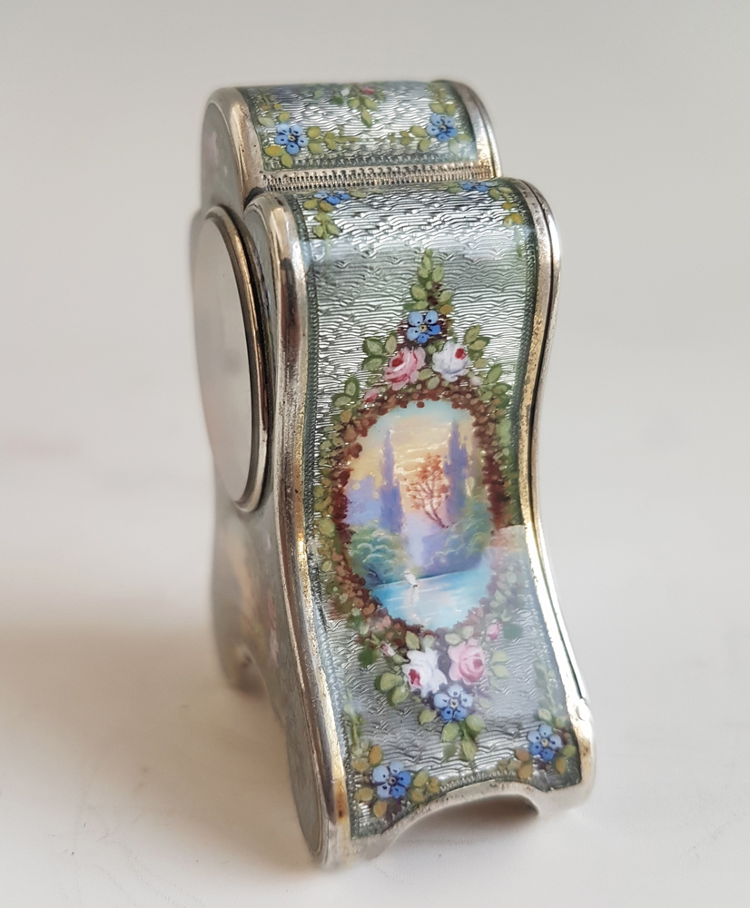 Antique Sub Miniature Silver and Guilloche Carriage Clock By the Geneva Clock Company