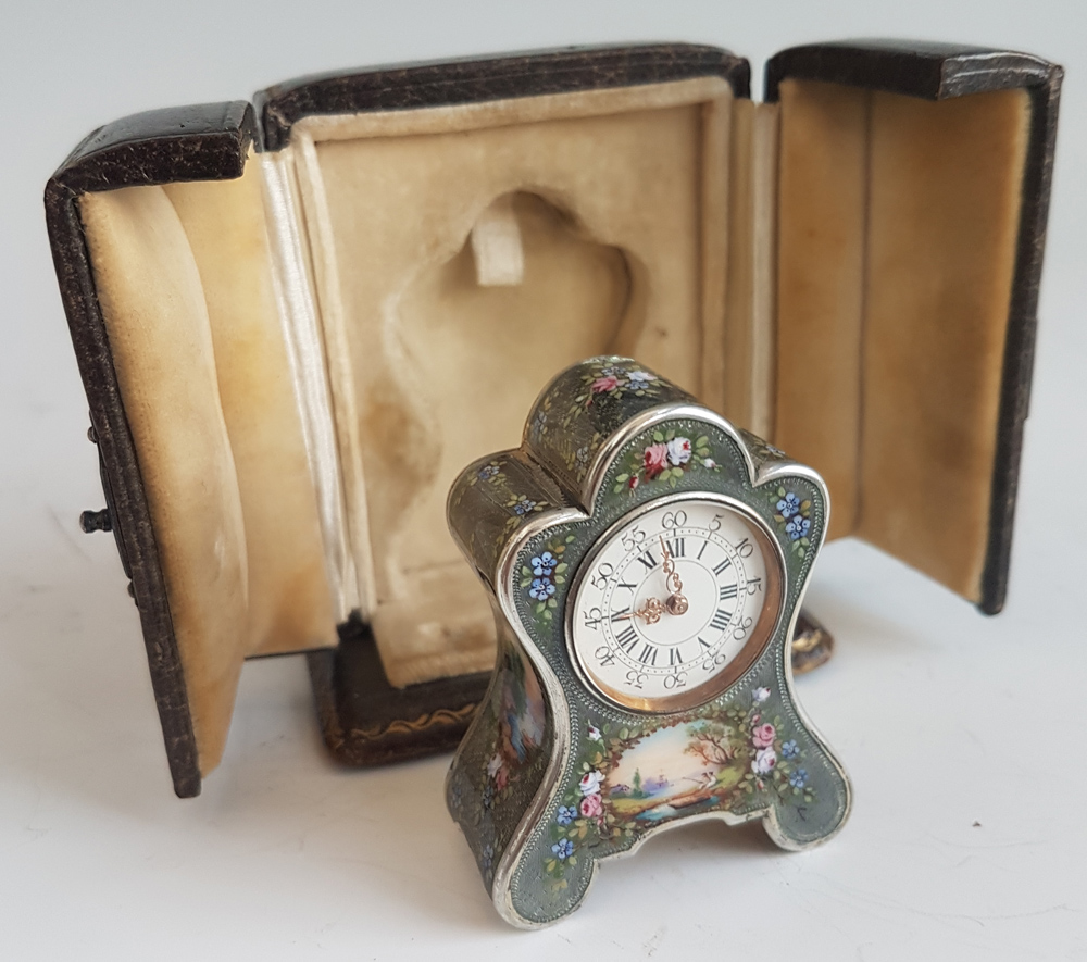 Antique Sub Miniature Silver and Guilloche Carriage Clock By the Geneva Clock Company
