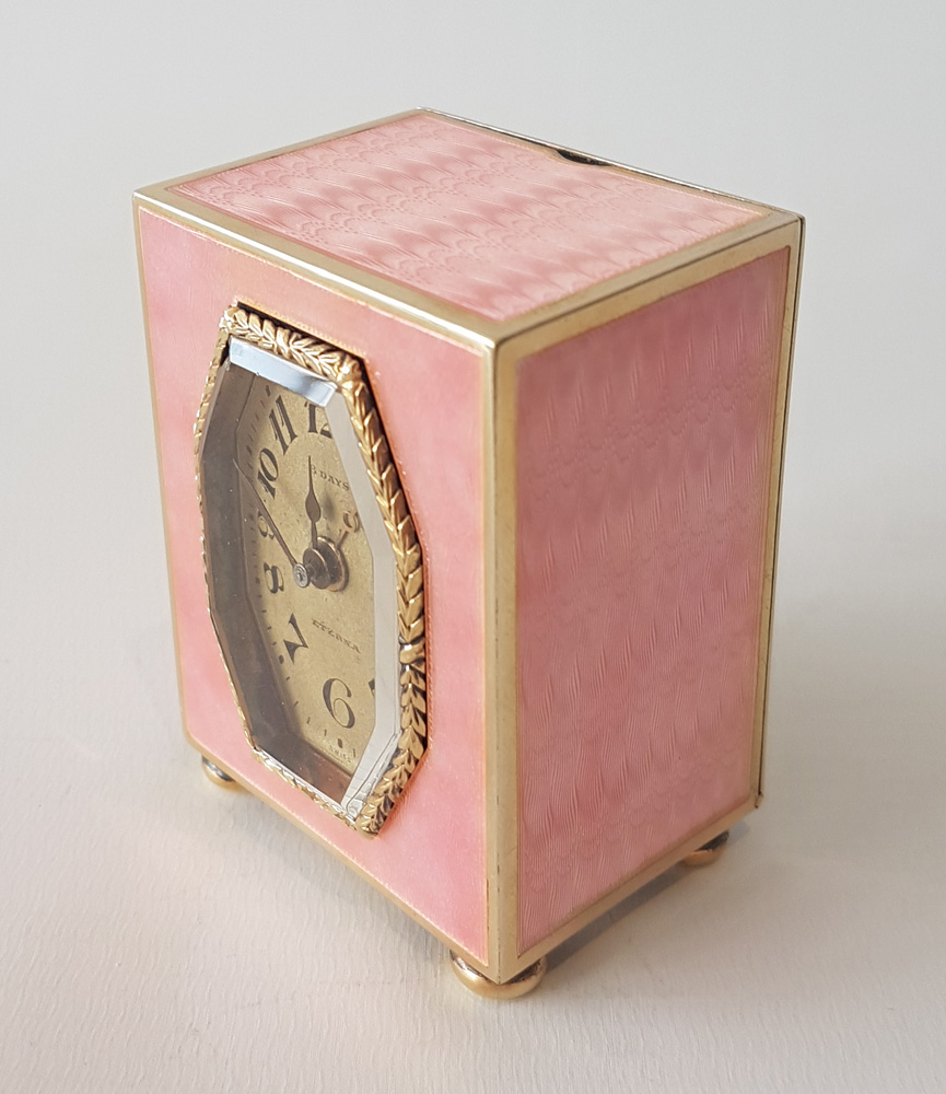 Pink guilloche enamel Silver Gilt sub-miniature carriage or boudoir clock with alarm by Eterna
