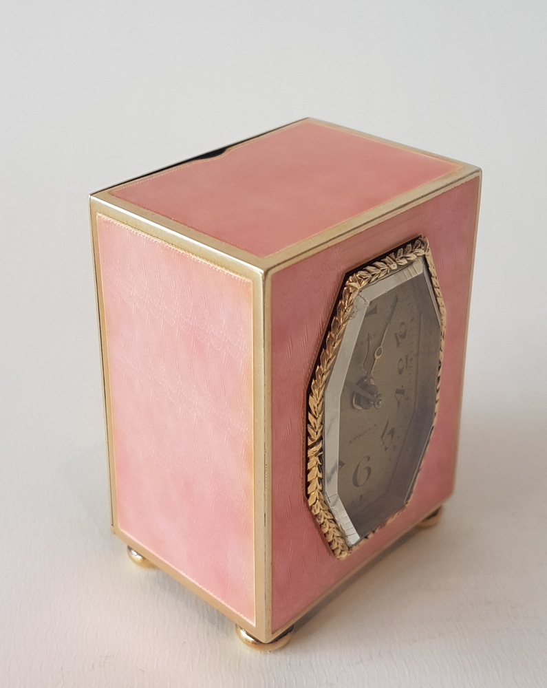 Pink guilloche enamel Silver Gilt sub-miniature carriage or boudoir clock with alarm by Eterna