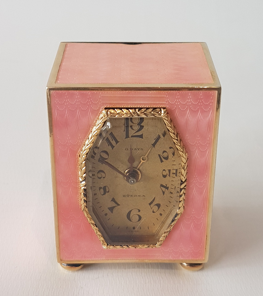 Pink guilloche enamel Silver Gilt sub-miniature carriage or boudoir clock with alarm by Eterna