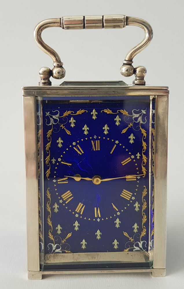 Miniature Silver and Guilloche enamel Carriage or boudoir clock By W. Thornhill & Co. of London