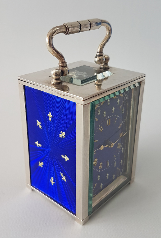 Miniature Silver and Guilloche enamel Carriage or boudoir clock By W. Thornhill & Co. of London