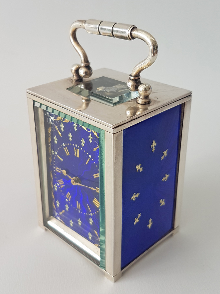 Miniature Silver and Guilloche enamel Carriage or boudoir clock By W. Thornhill & Co. of London