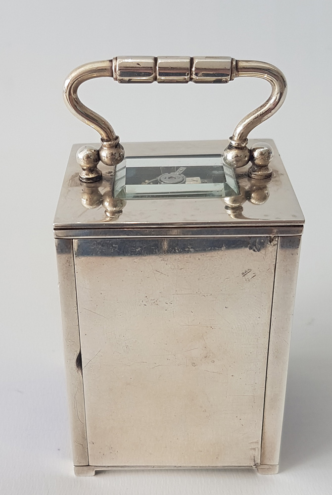 Miniature Silver and Guilloche enamel Carriage or boudoir clock By W. Thornhill & Co. of London