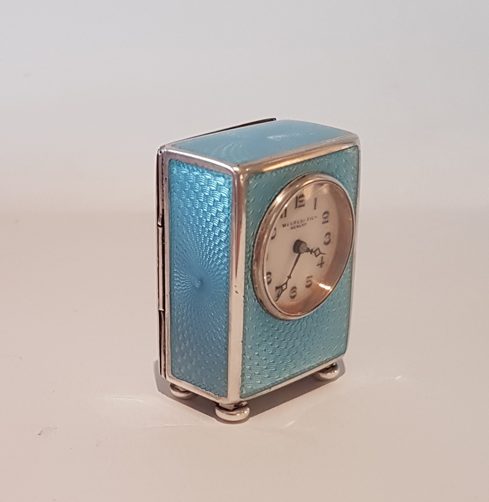 Blue Guilloche enamel and Silver sub-miniature carriage or boudoir Clock by Wegelin & Fils, Geneva
