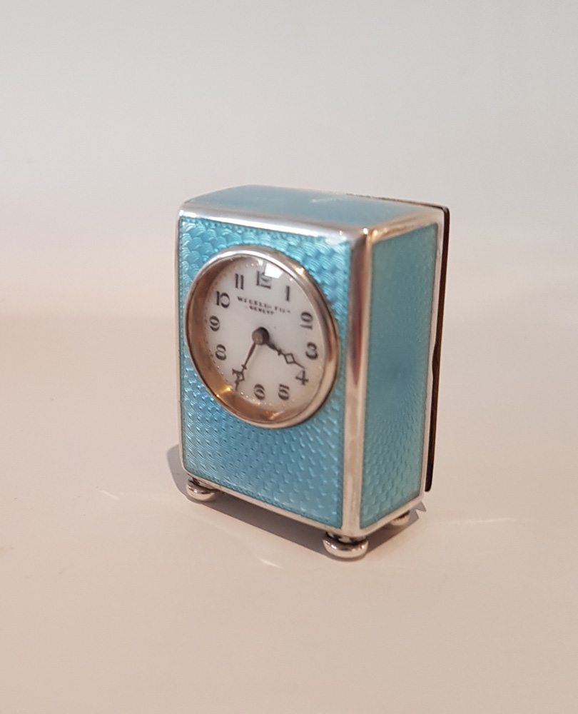 Blue Guilloche enamel and Silver sub-miniature carriage or boudoir Clock by Wegelin & Fils, Geneva