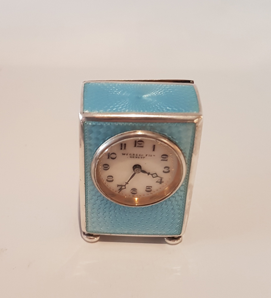 Blue Guilloche enamel and Silver sub-miniature carriage or boudoir Clock by Wegelin & Fils, Geneva