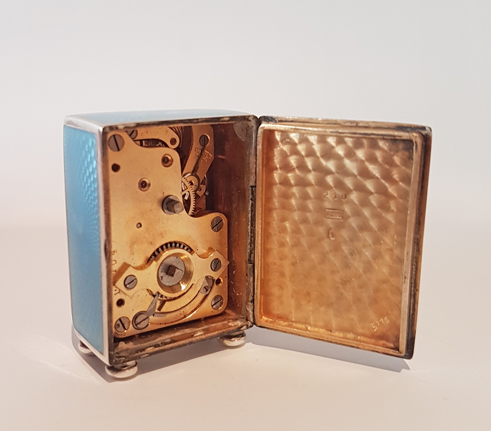 Blue Guilloche enamel and Silver sub-miniature carriage or boudoir Clock by Wegelin & Fils, Geneva