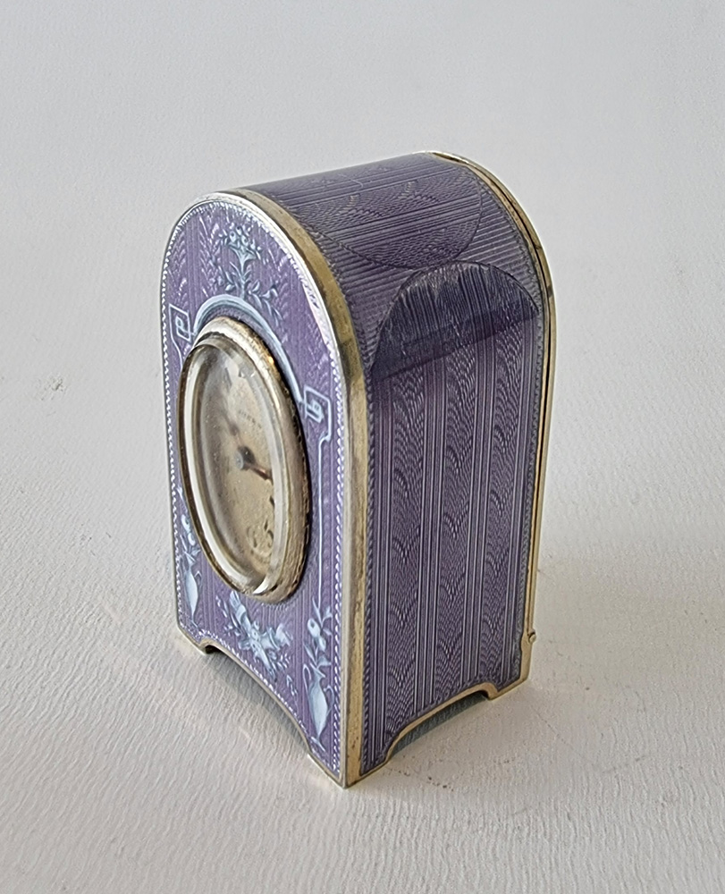 Sub Miniature Silver gilt and Guilloche enamel Carriage Clock in original case