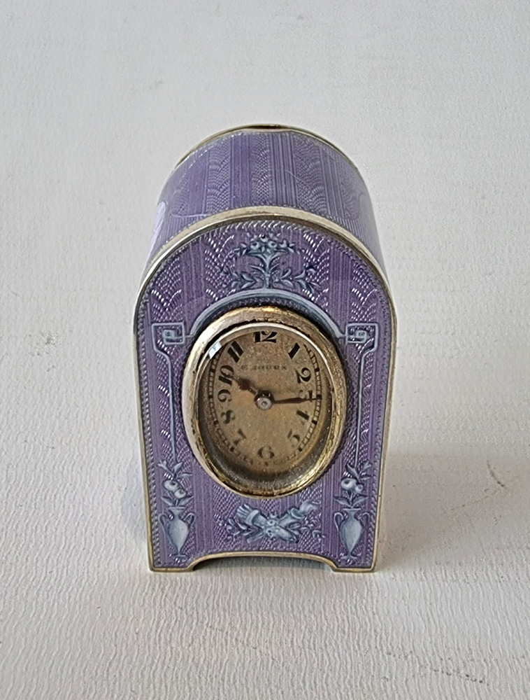 Sub Miniature Silver gilt and Guilloche enamel Carriage Clock in original case