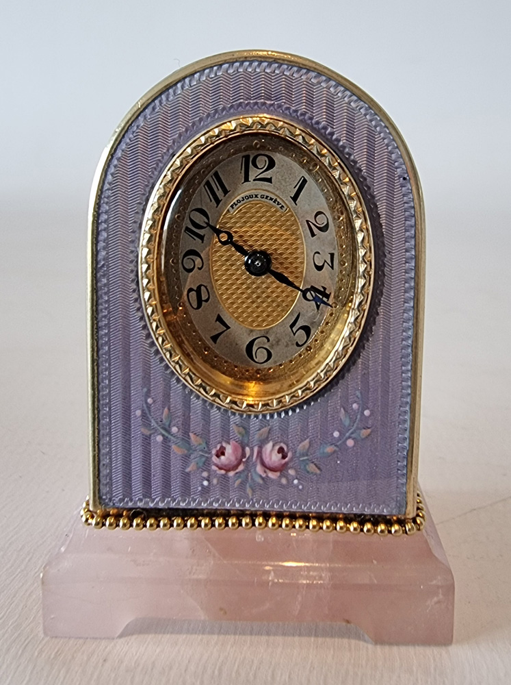 Sub miniature Silver gilt and Guilloche enamel Carriage or boudoir Clock in original case
