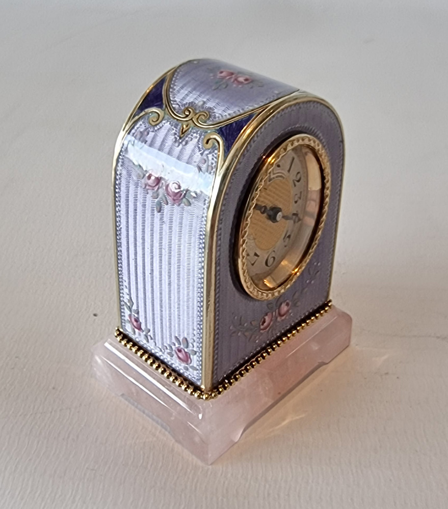 Sub miniature Silver gilt and Guilloche enamel Carriage or boudoir Clock in original case