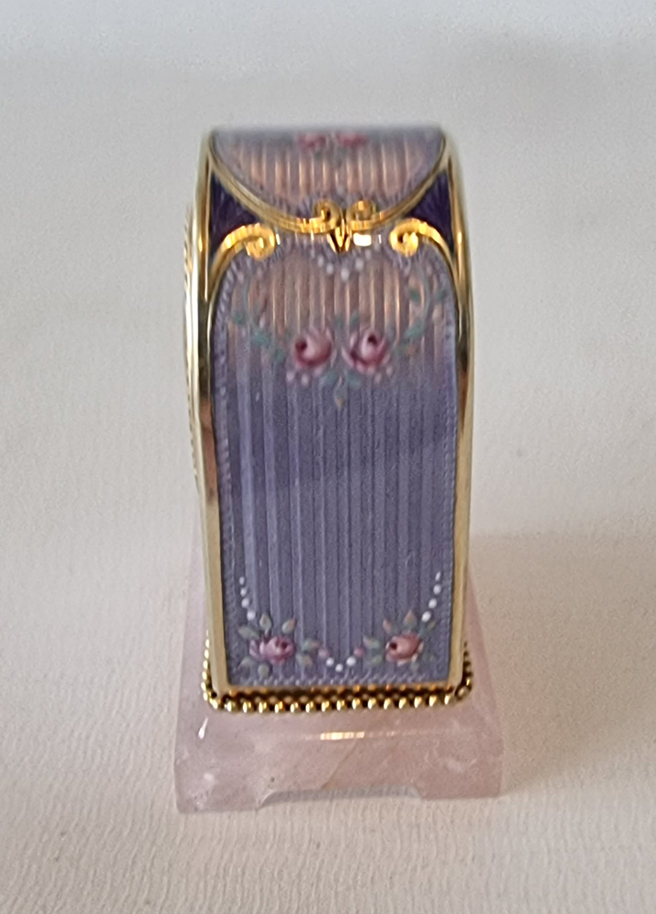 Sub miniature Silver gilt and Guilloche enamel Carriage or boudoir Clock in original case