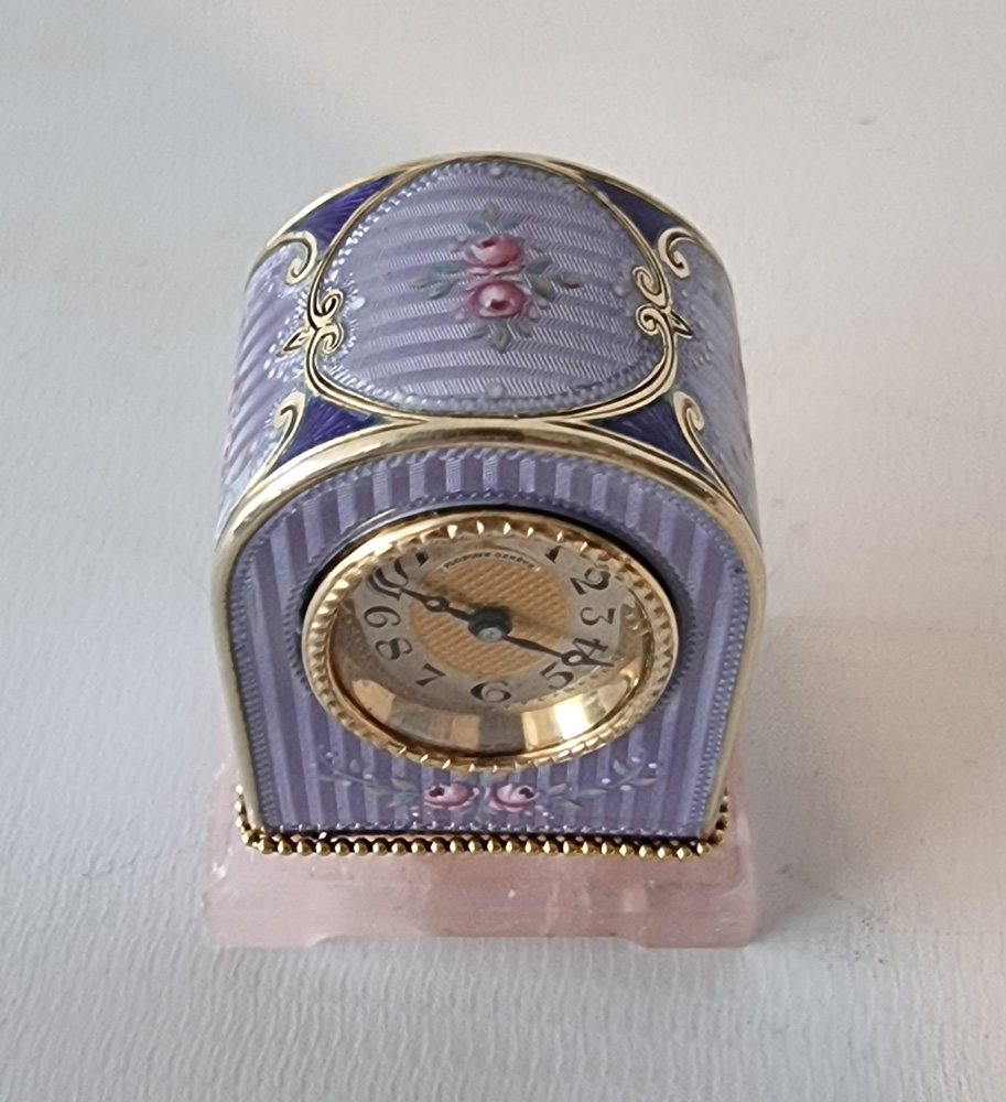 Sub miniature Silver gilt and Guilloche enamel Carriage or boudoir Clock in original case