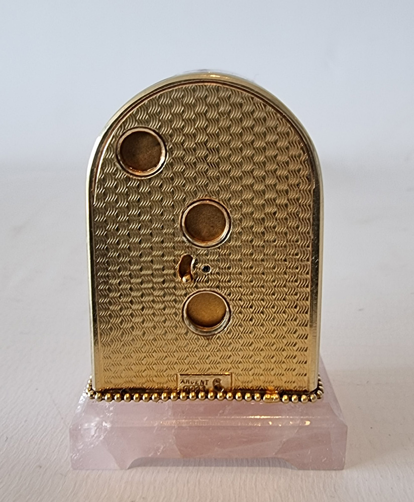 Sub miniature Silver gilt and Guilloche enamel Carriage or boudoir Clock in original case