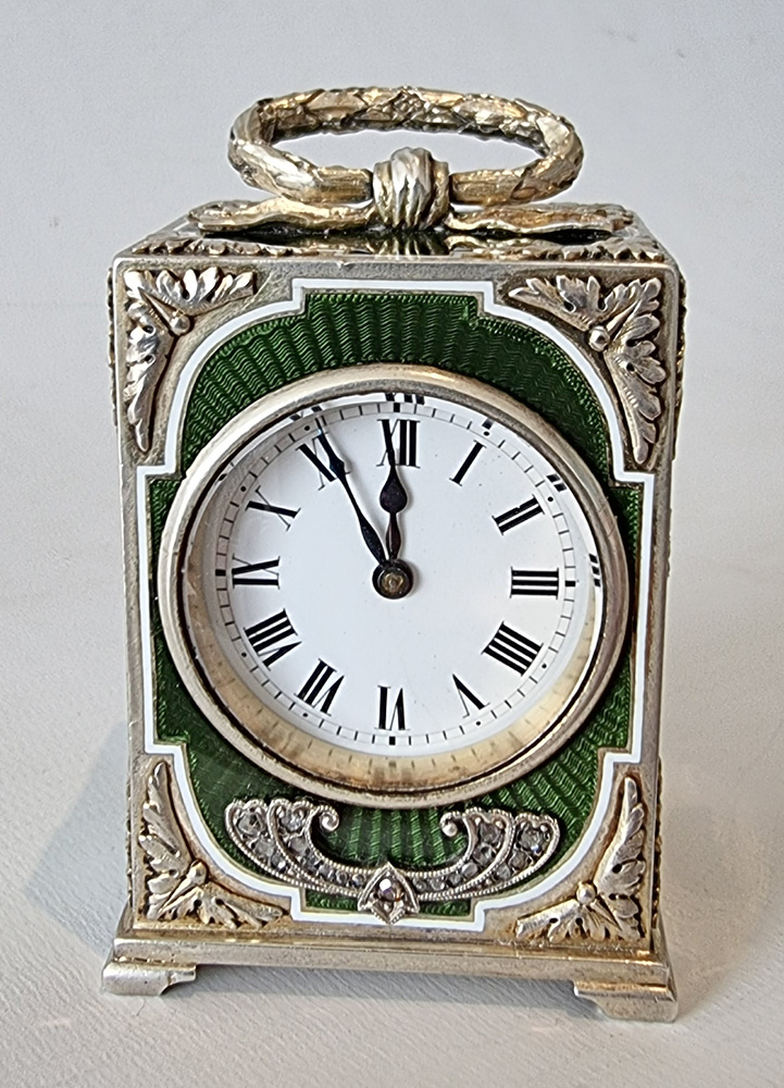 Miniature Silver gilt and green Guilloche enamel Carriage Clock