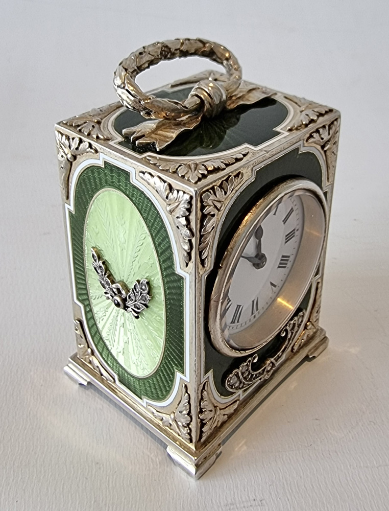 Miniature Silver gilt and green Guilloche enamel Carriage Clock