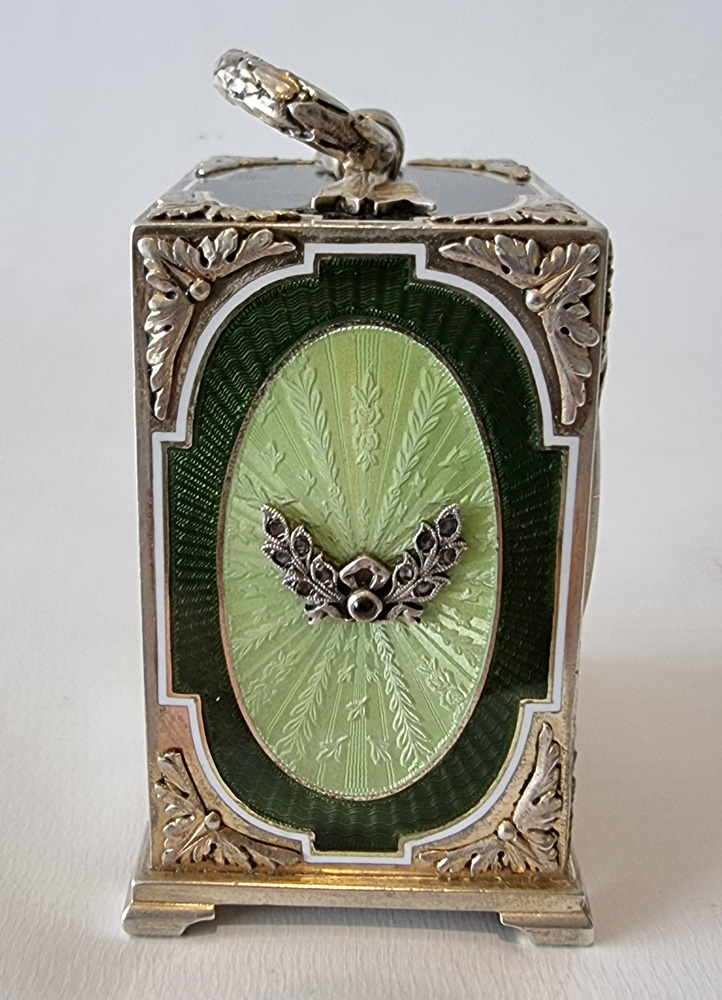 Miniature Silver gilt and green Guilloche enamel Carriage Clock