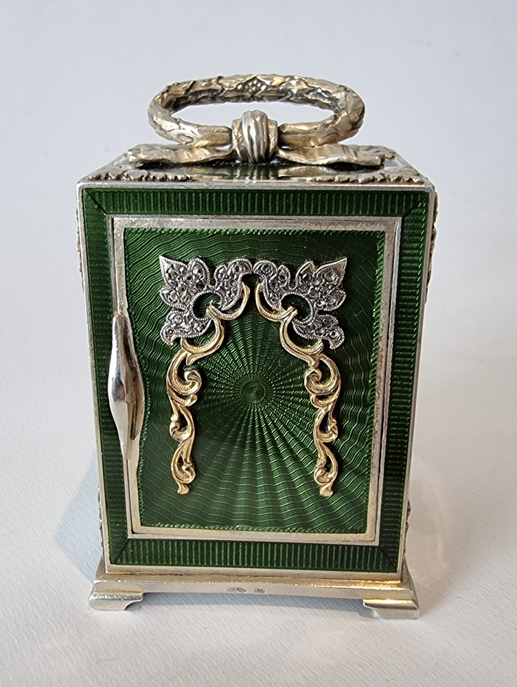 Miniature Silver gilt and green Guilloche enamel Carriage Clock