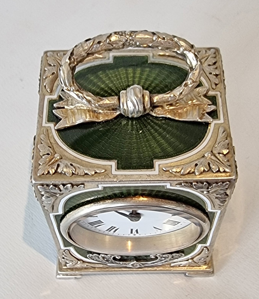 Miniature Silver gilt and green Guilloche enamel Carriage Clock