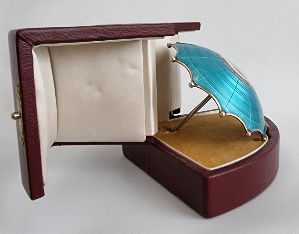 Swiss silver and blue guilloche enamel umbrella clock
