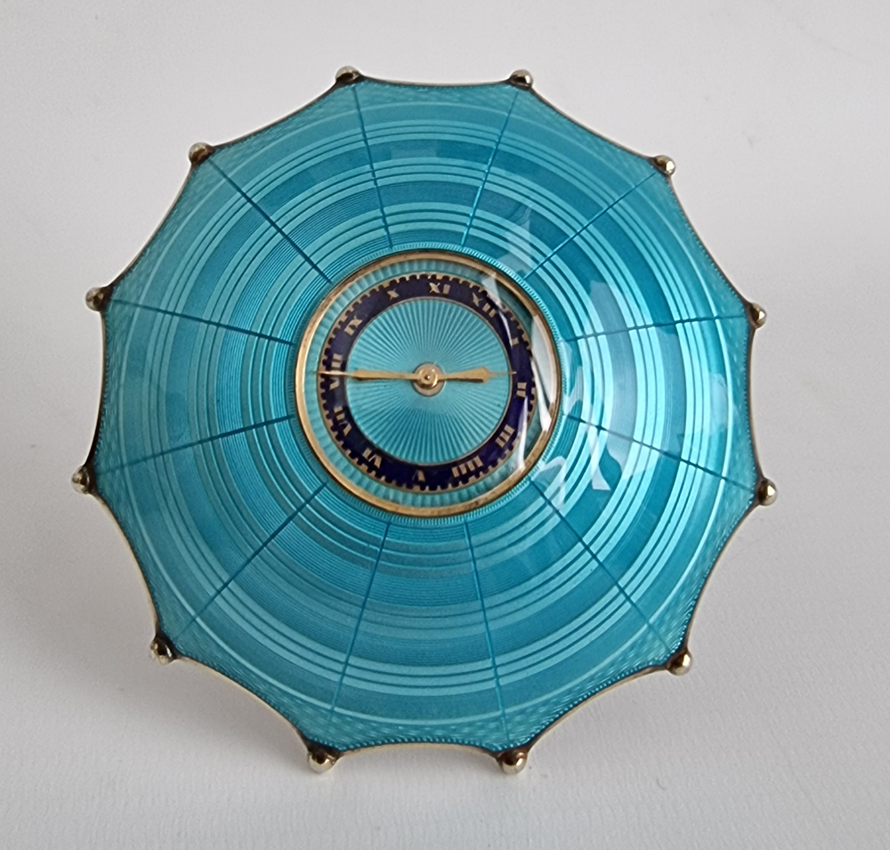 Swiss silver and blue guilloche enamel umbrella clock