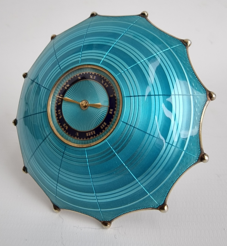Swiss silver and blue guilloche enamel umbrella clock