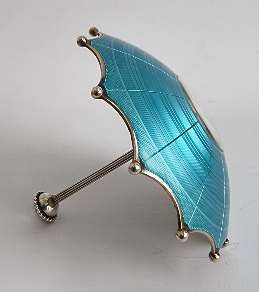 Swiss silver and blue guilloche enamel umbrella clock