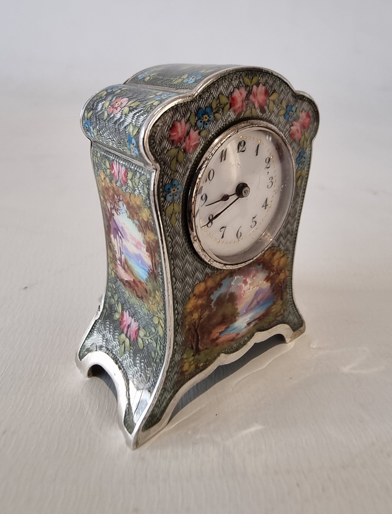 Sub miniature Silver and Guilloche enamel Carriage Clock