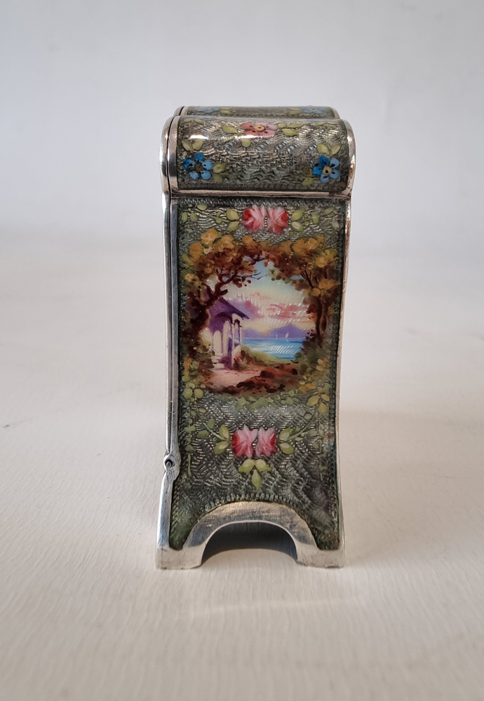 Sub miniature Silver and Guilloche enamel Carriage Clock