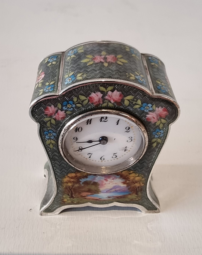 Sub miniature Silver and Guilloche enamel Carriage Clock