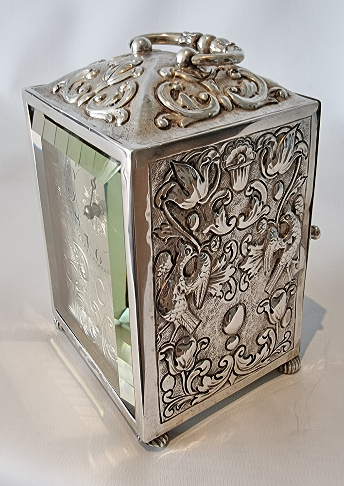 Antique English Silver repousse striking Carriage Clock by William Comyns