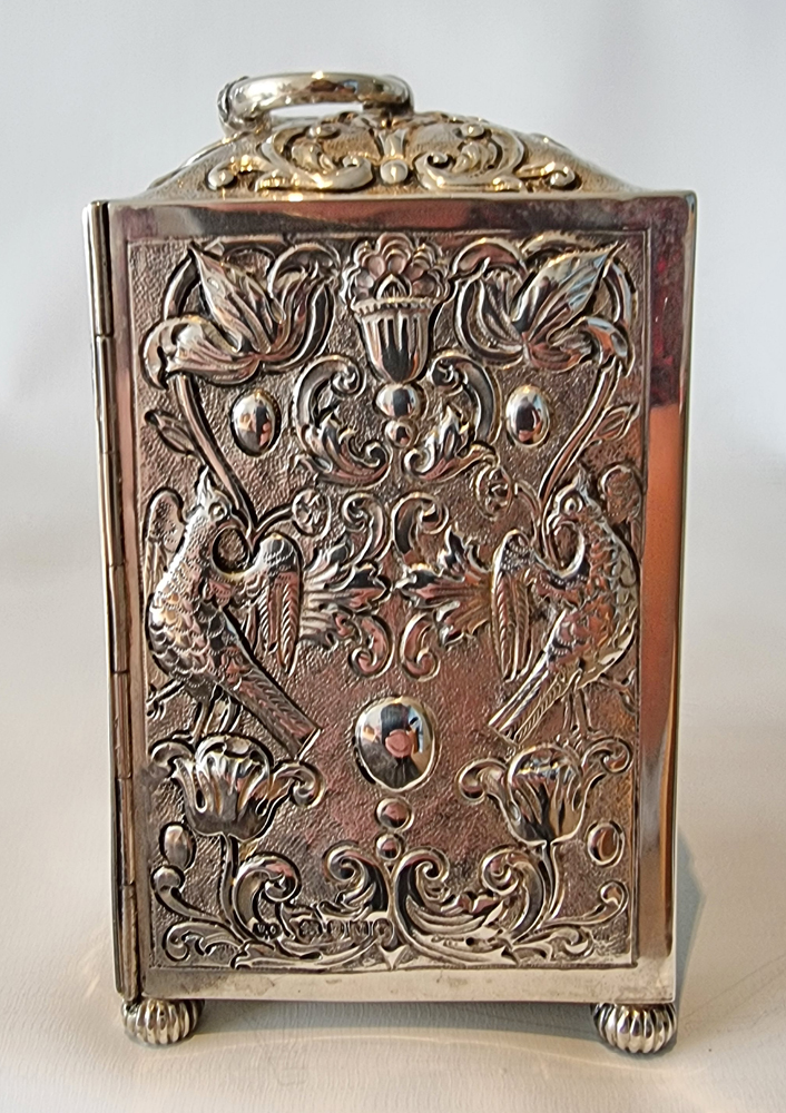 Antique English Silver repousse striking Carriage Clock by William Comyns