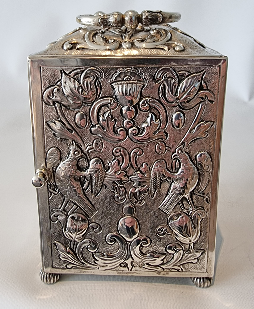 Antique English Silver repousse striking Carriage Clock by William Comyns
