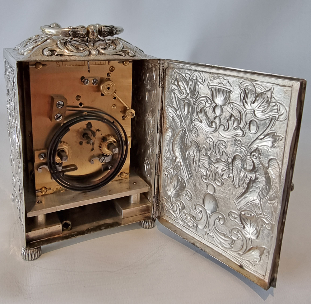 Antique English Silver repousse striking Carriage Clock by William Comyns