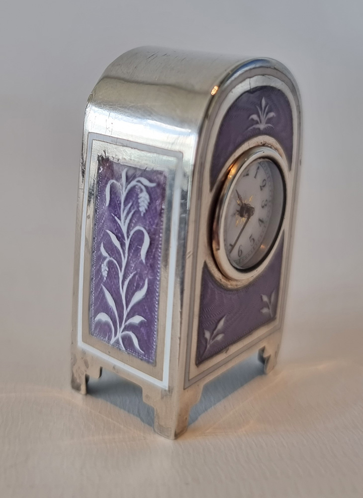 Miniature Silver and Guilloche enamel Carriage or travel Clock by Appay