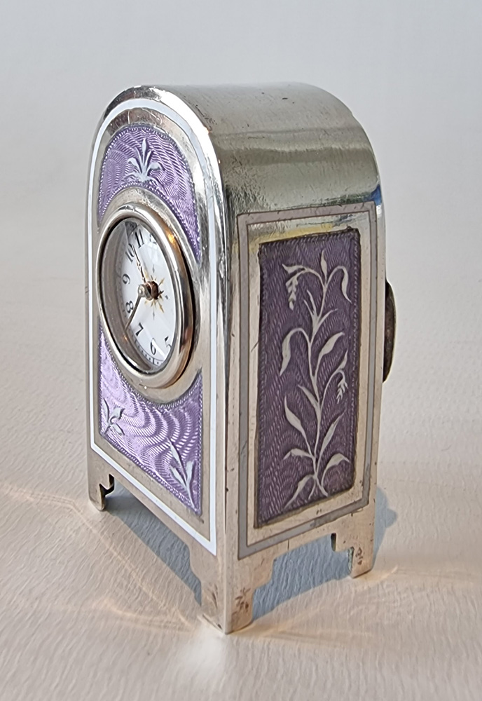 Miniature Silver and Guilloche enamel Carriage or travel Clock by Appay