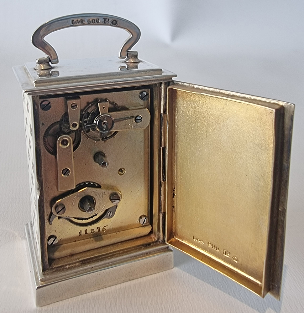 Sub miniature Silver and Guilloche Enamel  Carriage or boudoir Clock